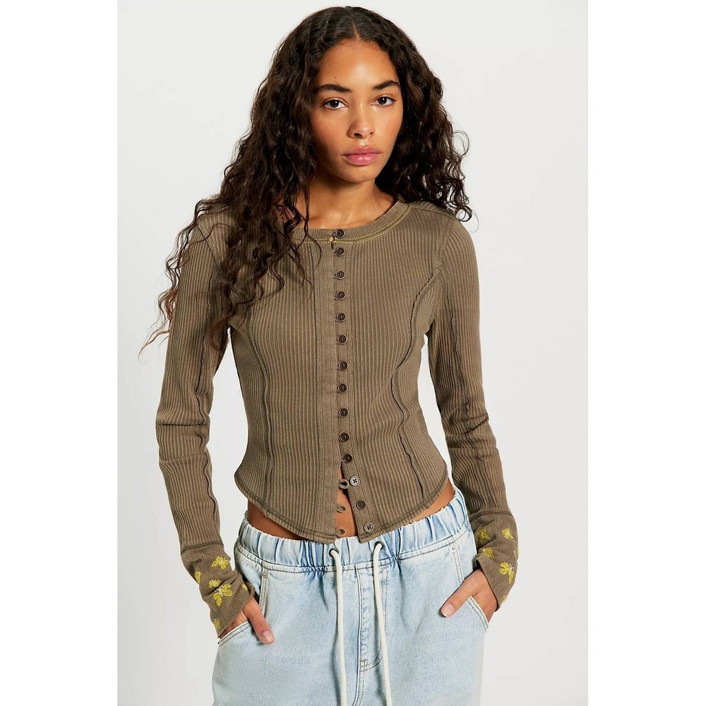 We The Free Green Daria Cuff Cardigan Butterfly Embroidered Cuffs NWT size XL
